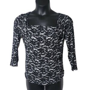 Michael Kors Petite Medium Black Lace Print Rayon Shirt Cowlneck Long Sleeve